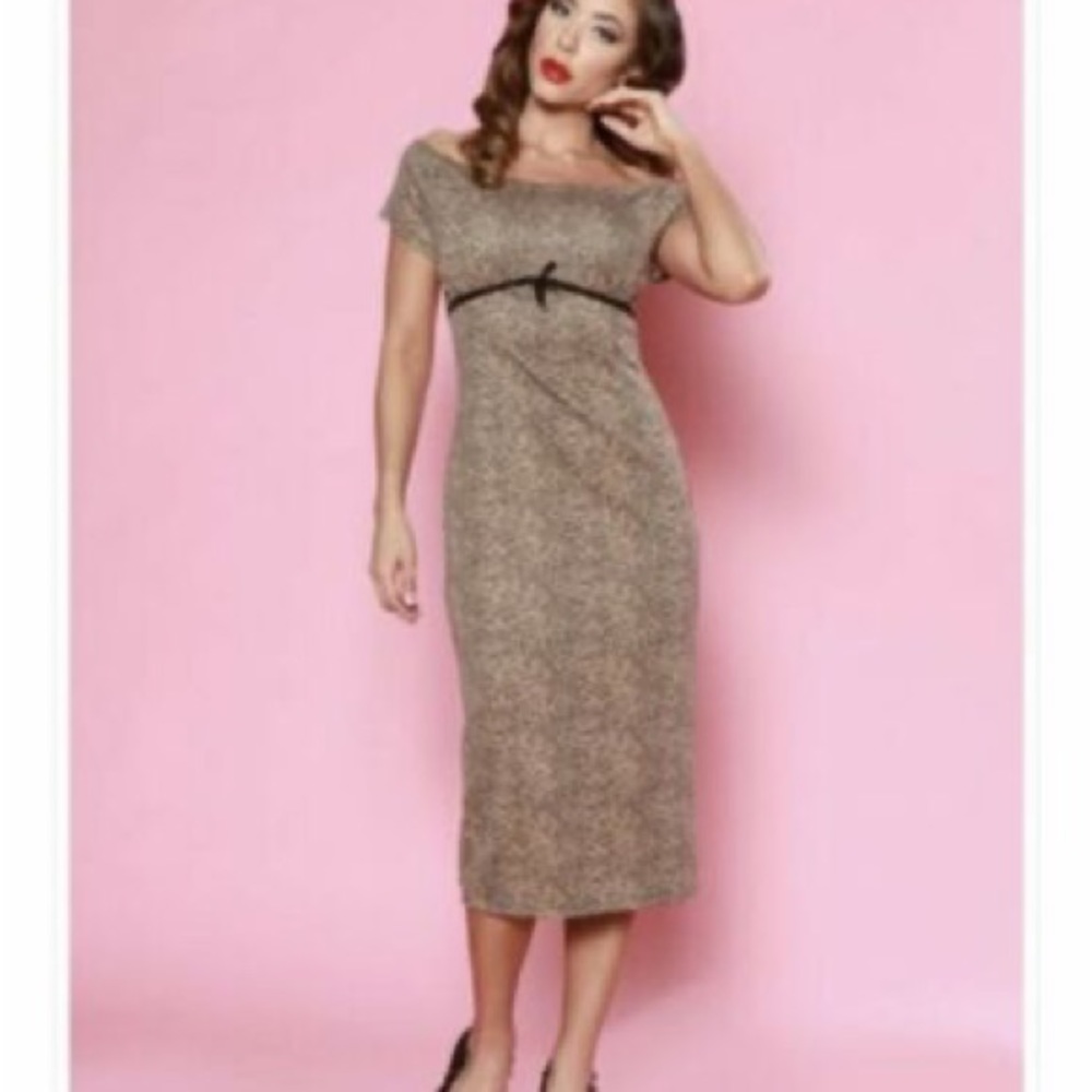 Bettie Page Women’s Black & Gold Cheetah Off To Brunch Midi Pinup Dress Size 4.